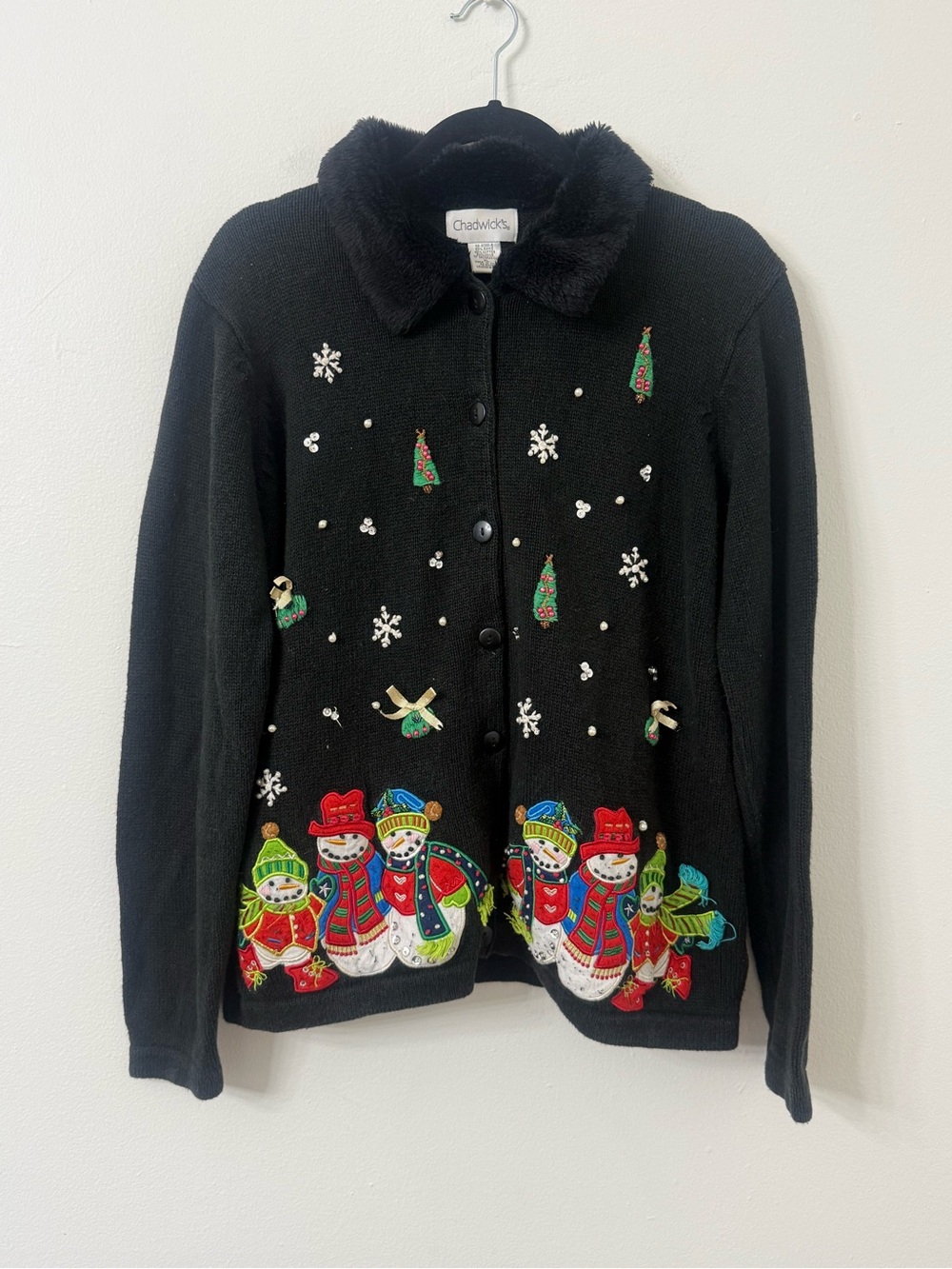 {XL} Chadwicks Black Holiday Snowman Cardigan Faux Fur Collar